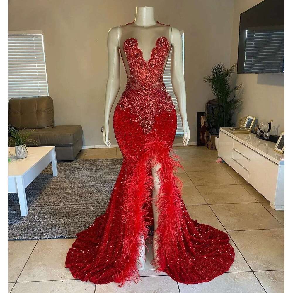 Slit Red African American Long Prom Dresses For Black Girls Sparkly Sequins Feather Crystals Women Party Evening Gown Customized