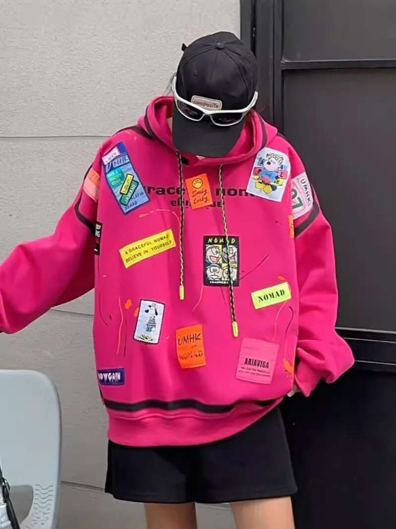 Heavy Embroidery Label Hooded Sweatshirt For Women, Niche Design, Graffiti-Style Loose Casual Tops And Coats