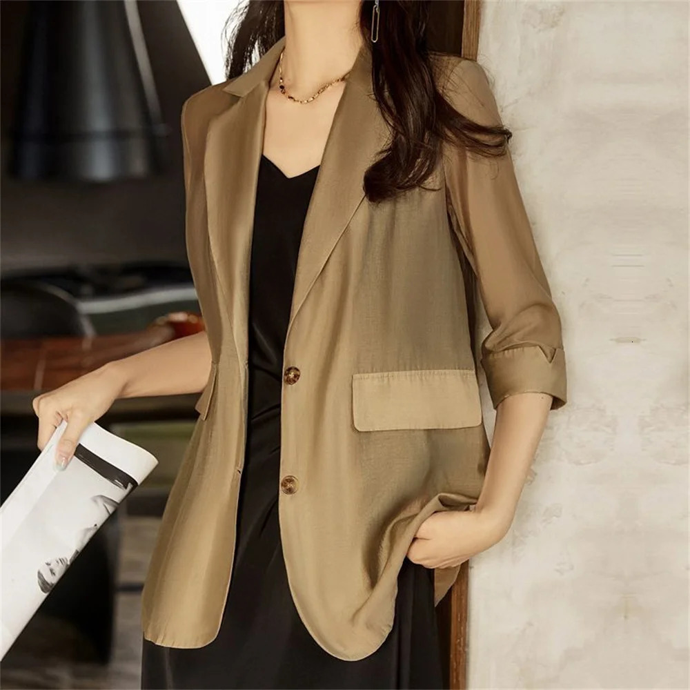 Spring Summer Thin Casual Style Suit Solid Color Loose Women Fashion Blazer 34 Sleeve Chiffon Oversize Coat 250213
