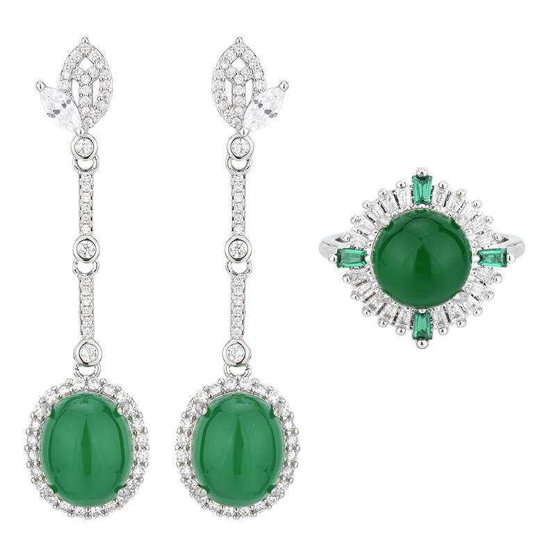 New set of copper jewelry S sier needle inlaid high ice green chalcedony goddess long earrings ring