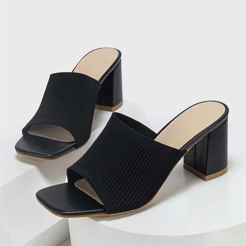 Design Cozy Elastic Fabric Women Slippers High Quality Summer Shoes Concise Square Chunky Heels atos De Mujer