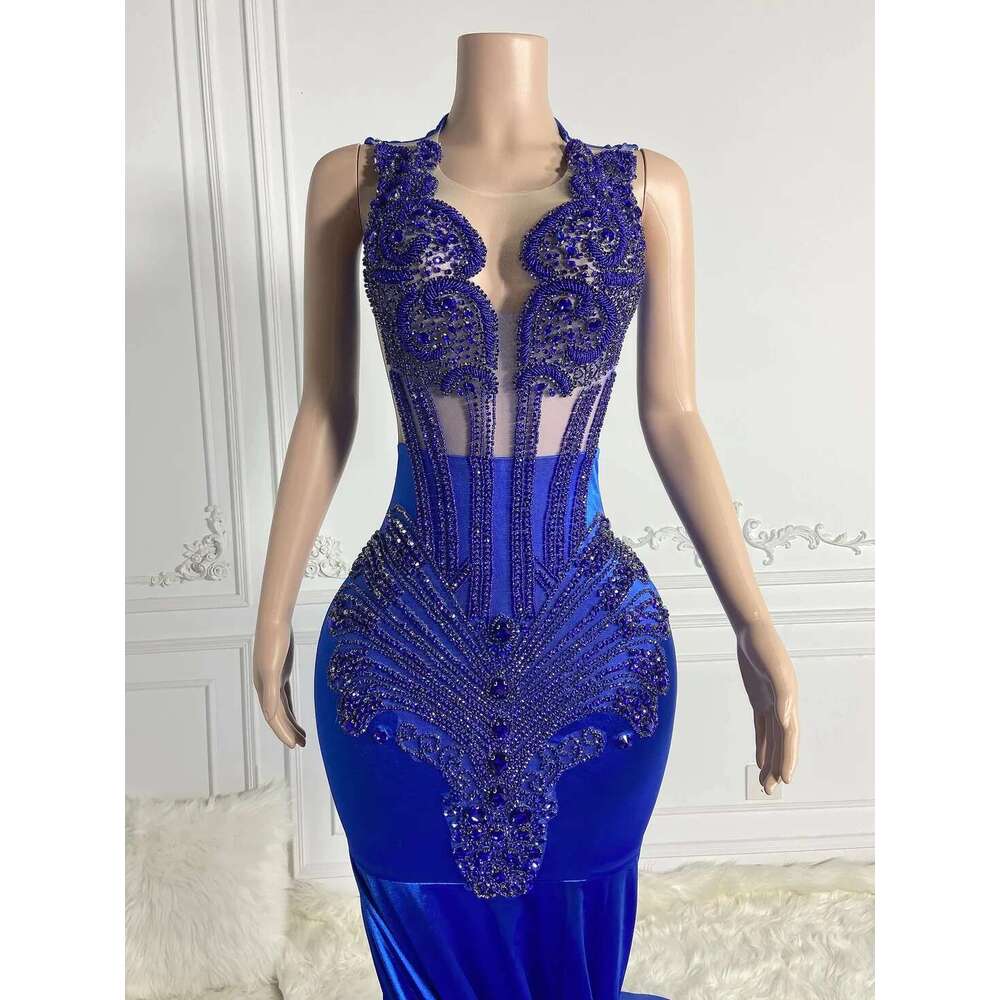 Royal Blue Sheer African American Long Prom Dresses For Black Girls Mermaid Beaded Crystals Nigeria Evening Gown Customized