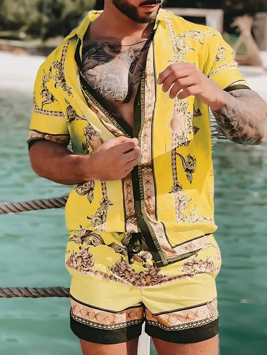 Vintage Men Shirts Sets Summer Golden Horse Print Beach Short Sleeve Shirt Shorts Casual Trip Mens Hawaiian 2 Piece Suit S-5XLXJ250218