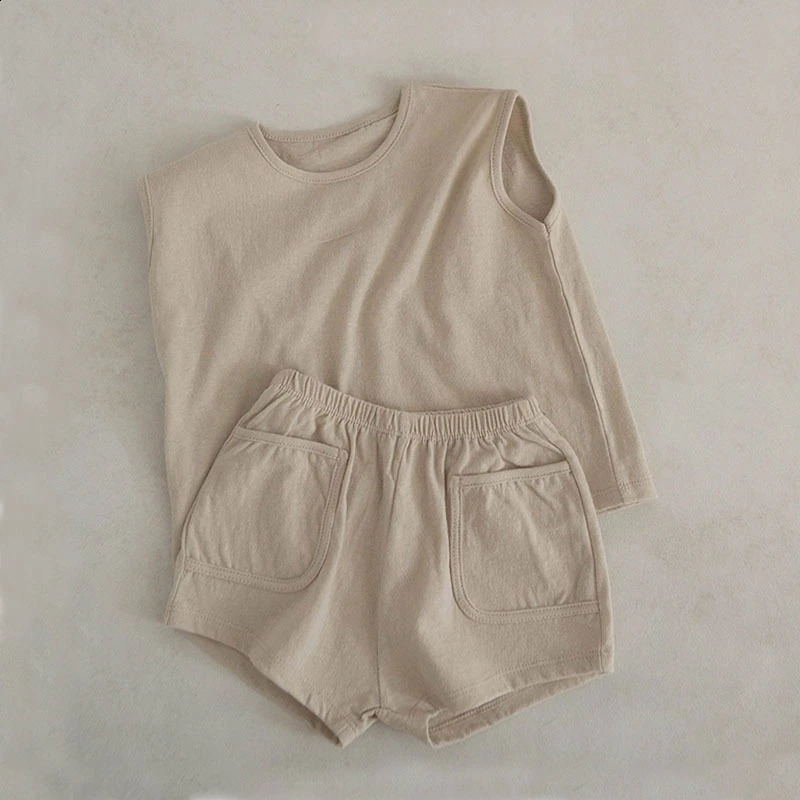 Summer Baby Boys Tank Top Tees Shorts Set 100% Cotton Solid Vest Shorts Toddler Two Pieces Sets 250218