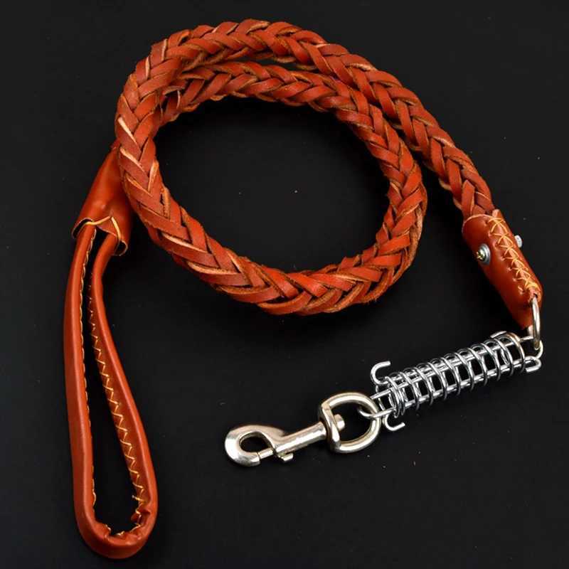 Pet Leather Dog Collar Leash For Large Dog Leather Dog Traction Drag Tow Rope Chain Pet Dog Supplies Accessories Prevent RunawayXJ250218