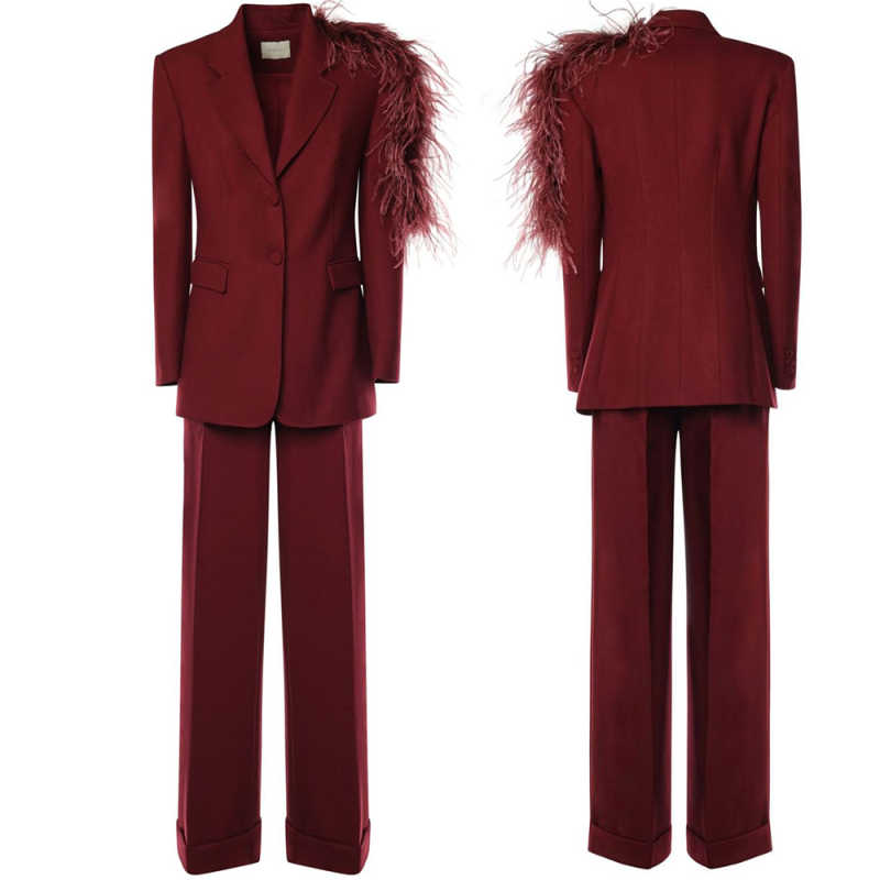Classic Women Suits Feather Single Breasted Ladies Business Blazer Notched Lapel 2 Piece Set Jacket Pants Fashion Work Wear Customized