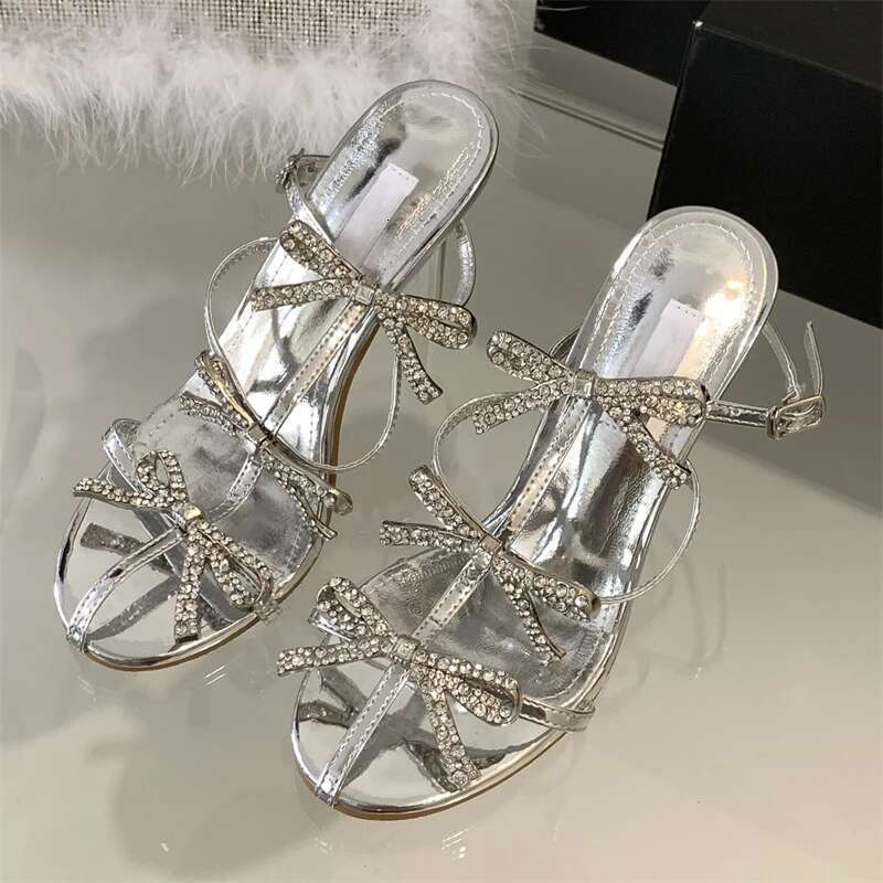 Sexy Design Crystal Butterfly-knot Pointed Toe Women Pumps Mule Shoes Fashion Buckle Strap High Heels Autumn Sandals