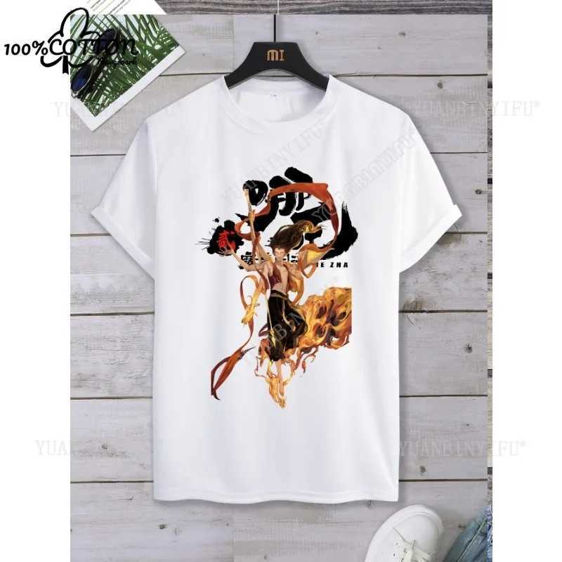 Street Fashion Animation Nezha Devil Child Nao Sea Short sleeved T-shirt Cotton Neutral Summer Cartoon Loose Solid Color S-5XL M250219