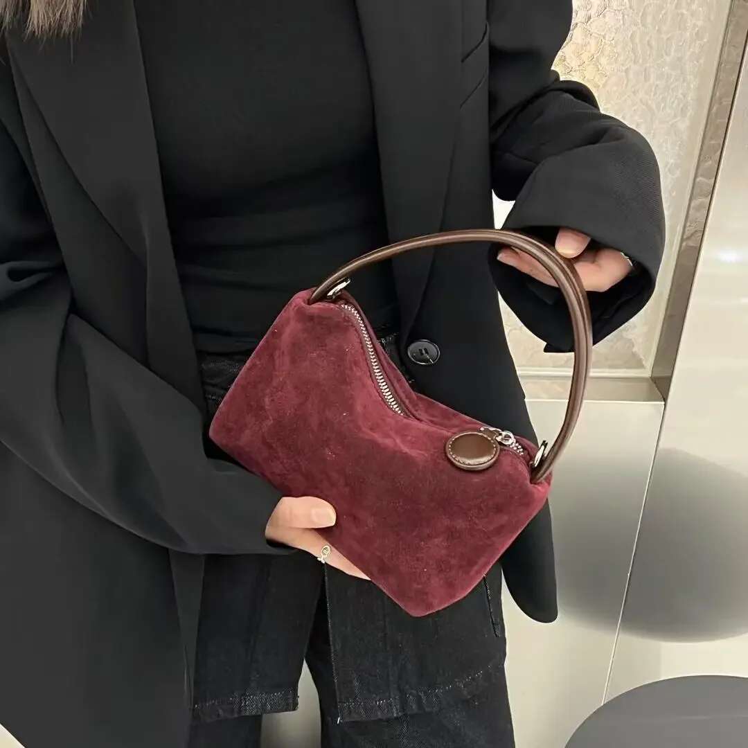Simple Wine Red Blue Matte Color Women Hobo Tote Small Genuine Suede Cow Leather Female Crossbody Shoulder Bag Daily-Use Handbag