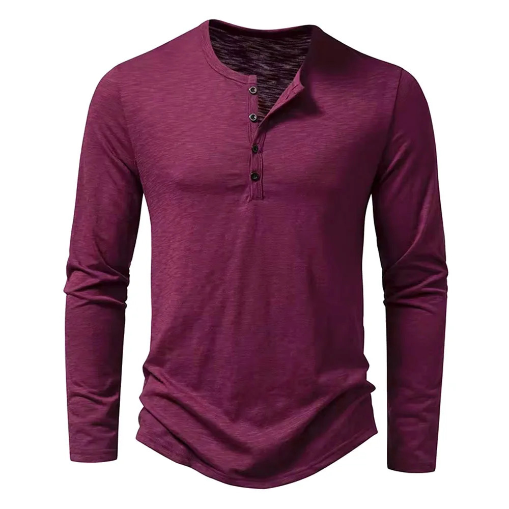Autumn Mens Cotton Button Long Sleeve Henley Neck TShirt Casual Solid Color Breathable Versatile Fashion Slim TShirts 250218