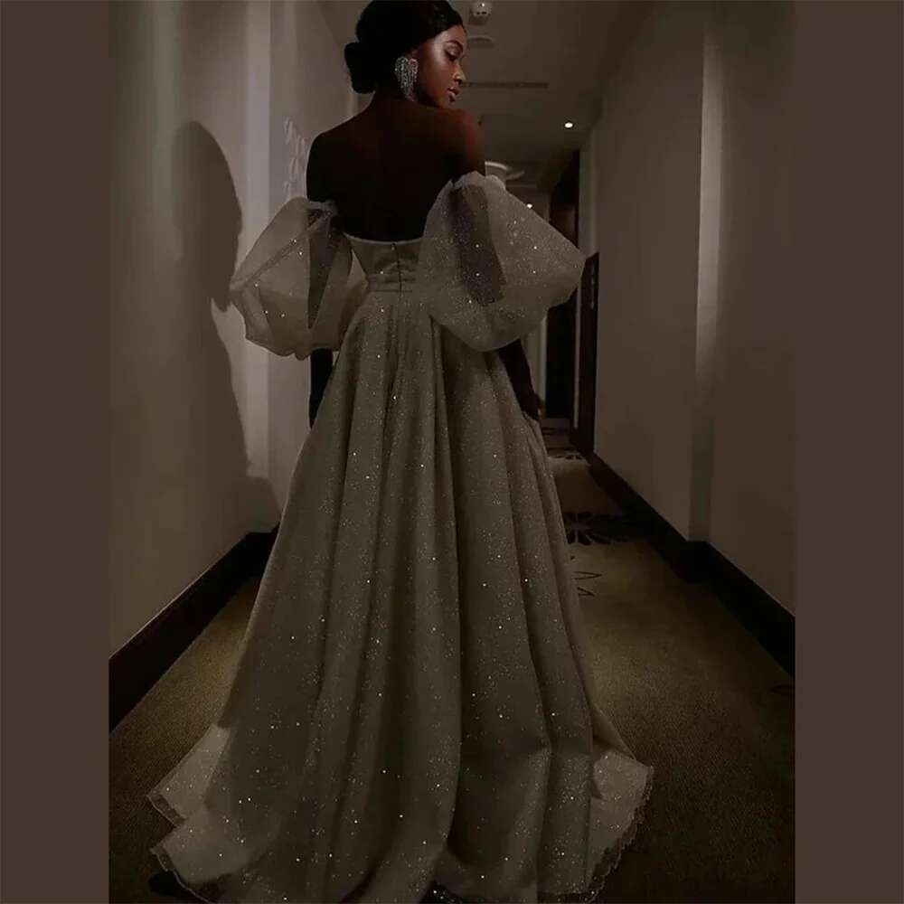 Glitter Prom Dresses Puffy Sleeve High Split Elegent Long Evening Gown Party Gala Dress for Special Ocns Customized