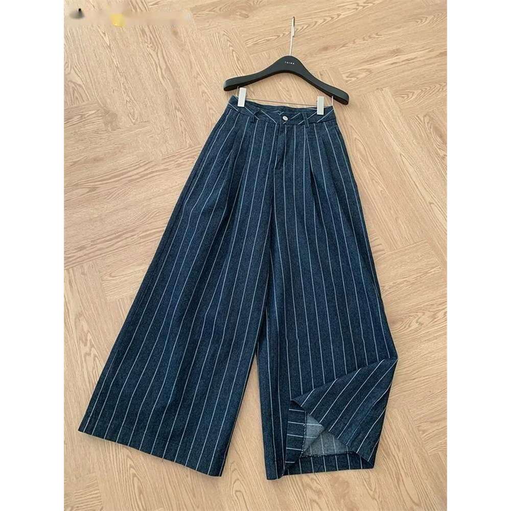 2025 Simple Classic High Waist Striped Blue Denim Wide Leg Pants Women Casual Versatile Jeans