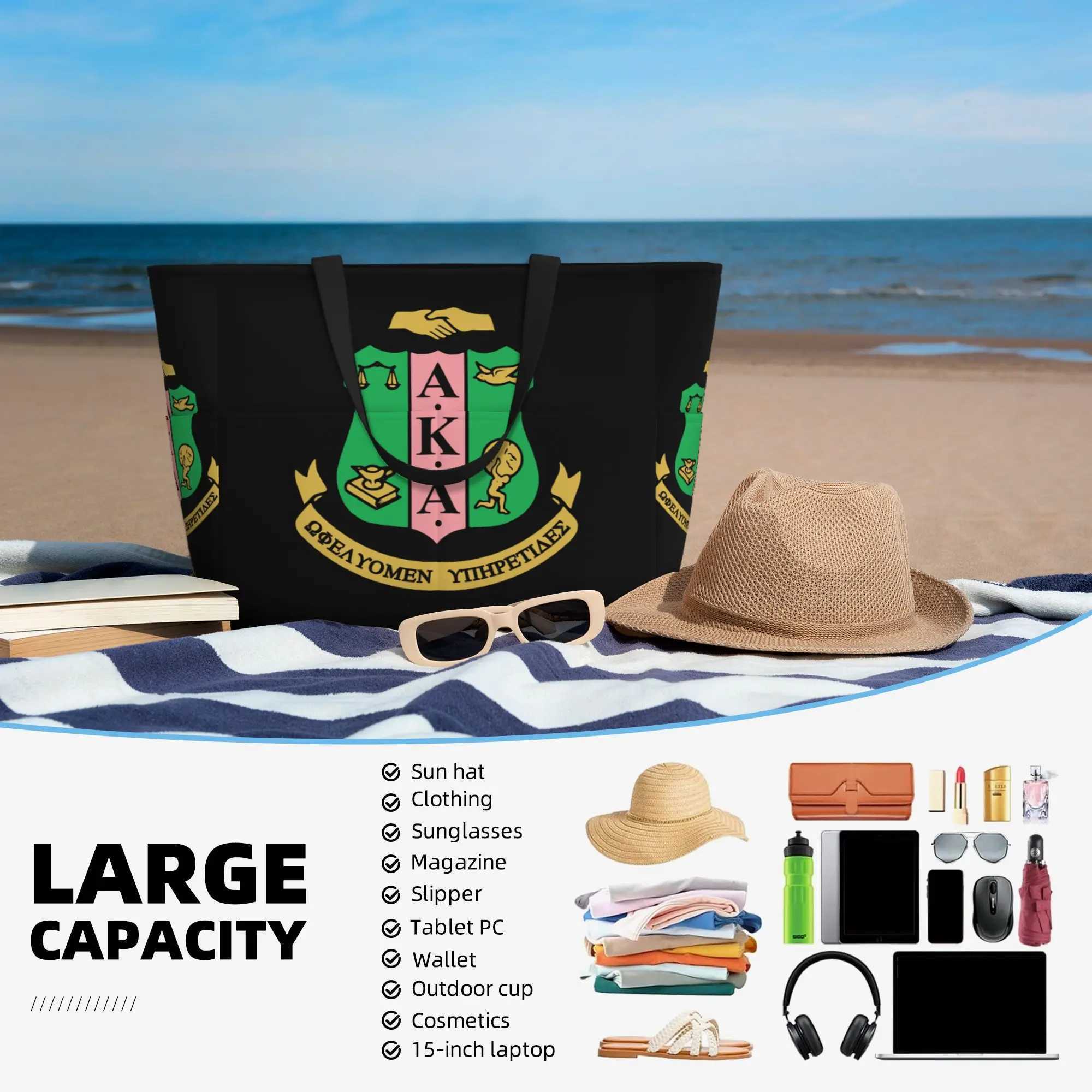 AKA Sorority Large Waterproof Beach Bag for Women Sandproof Pool Bag Tote Bag with Zipper and Pockets for Gym Travel Vacation Z250219