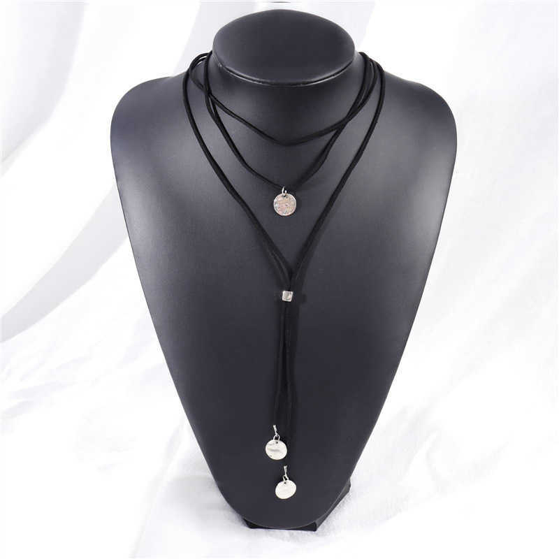Pendant Necklaces New Bohemian style leather necklace with round pendant long body chain multi-layer brown leather necklace H25219