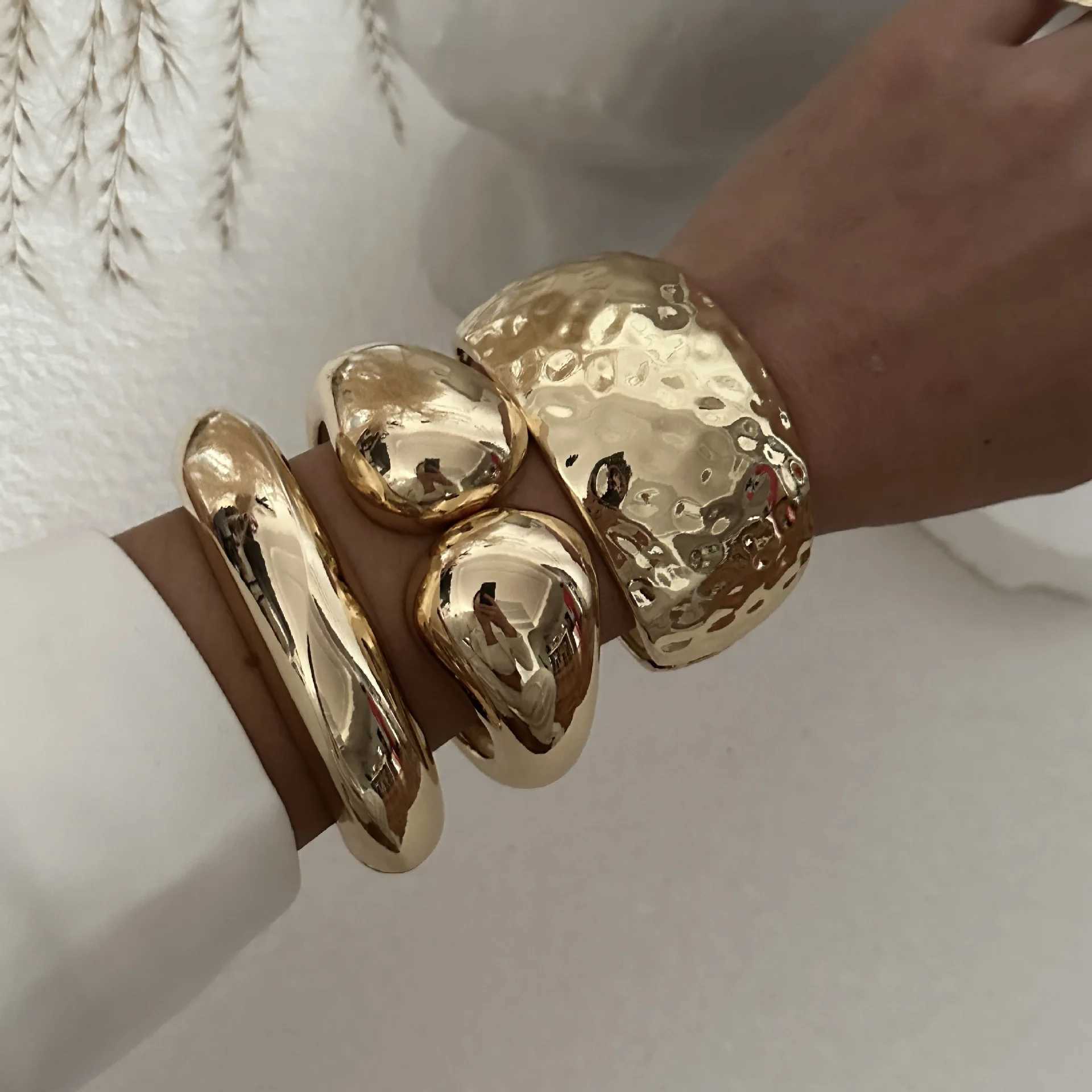 Punk Hip Hop Water Drop Cuff Wide Bangles Vintage Gold Silver Color Geometric Spring Bangles Bracelets Stainl Steel JewelryXJ250219