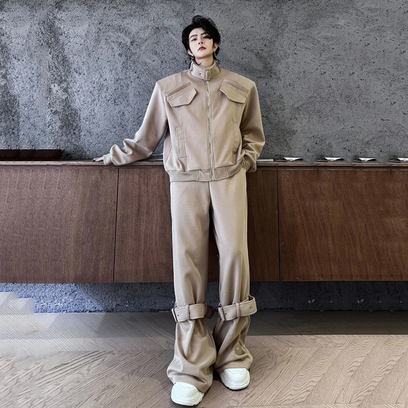 PFNW Stand Collar Male Suit High Street Spliced Swearshirt Straight Sweatpants Zipper Ribbon Mens Two-piece Spring Chic 9C5374 250220