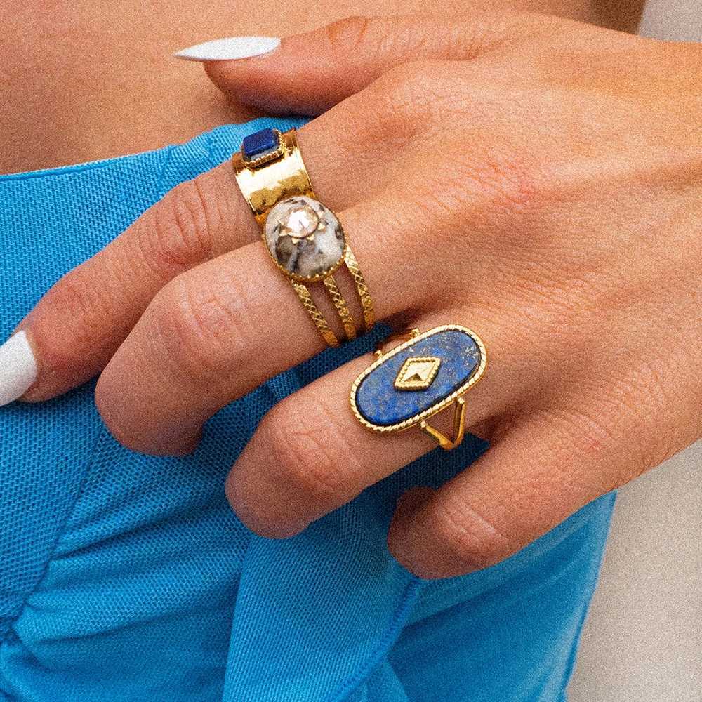 Uworld Fashion Stainless Steel Agate Stone Fixed On A Deep 18K PVD Plated Ring Tarnish/Water Resistant Jewelry Accessories 2024 X250220
