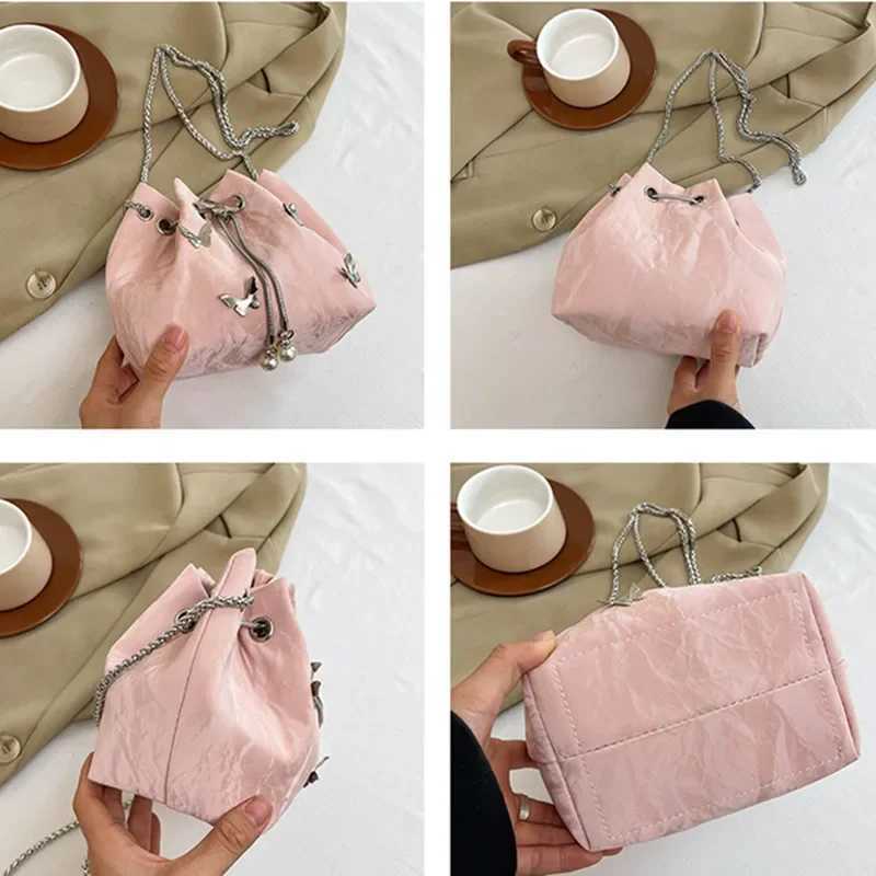 2025 Spring Ladies Crossbody Bag Pleated Drstring Butterfly Pearl Women Shoulder Bag Fashion Metal Chain Bucket Messenger Bag Y250218
