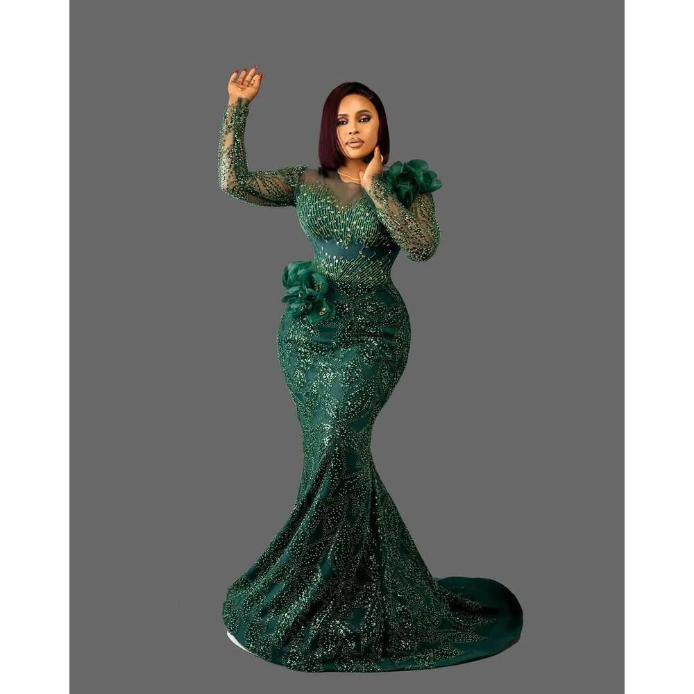 Plus size dark green mermaid full lace prom dress res beaded formal night party sea reception anniversary engagement