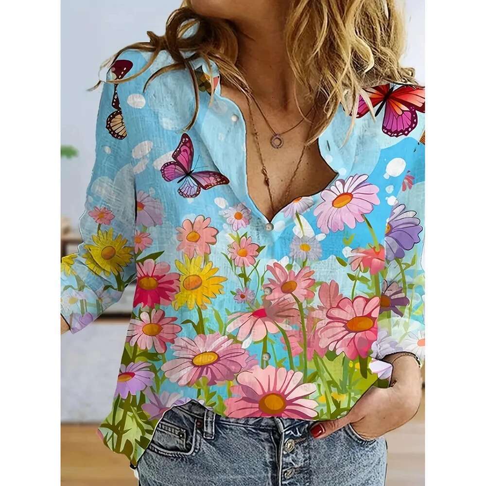 2024 Women's Suower 3D Printed Shirts Beach Vacation Spring Summer Single Breasted Tops Long Sleeve Oversized Women Clothing