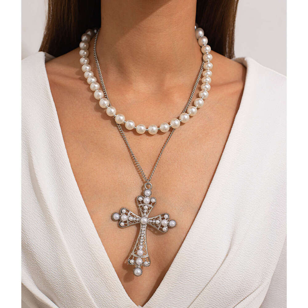 Jewelry fashion cross imitation pearl necklace set, versatile alloy geometric collarbone chain