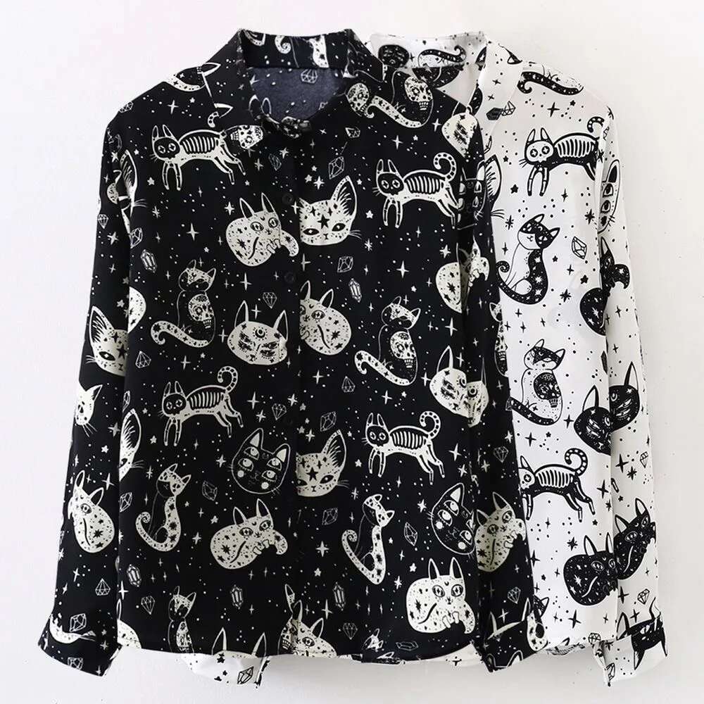 Kitty Print Shirt For Women Long Sleeve Turn-Down Collared Button Down Cute Cartoon Blouse Ladies Spring Summer Kawaii Outfit