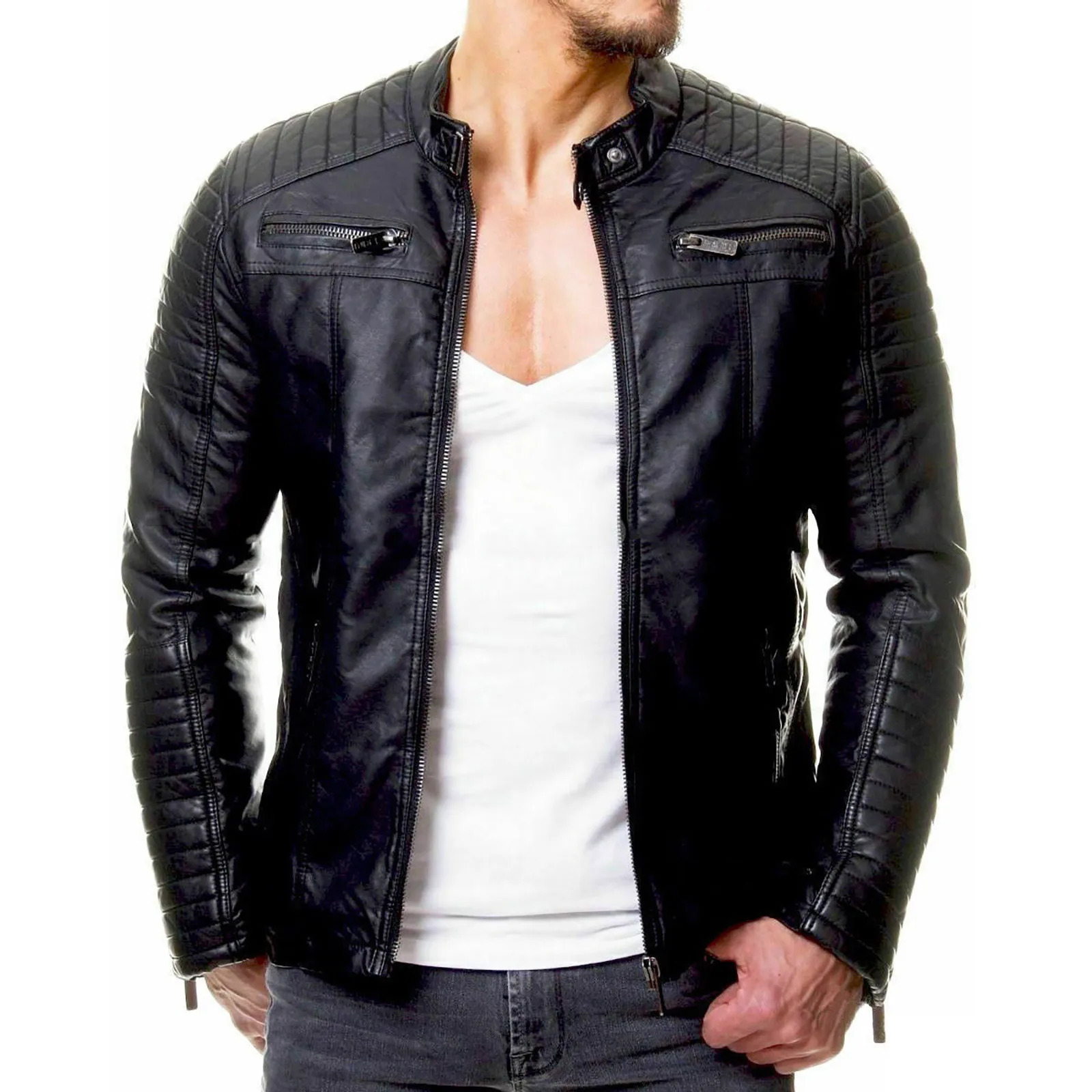Fashion Mens Motorcycle Riding Leather Jacket Windproof Rainproof Solid Color Zipper Casual Hip Hop Varsity 250210