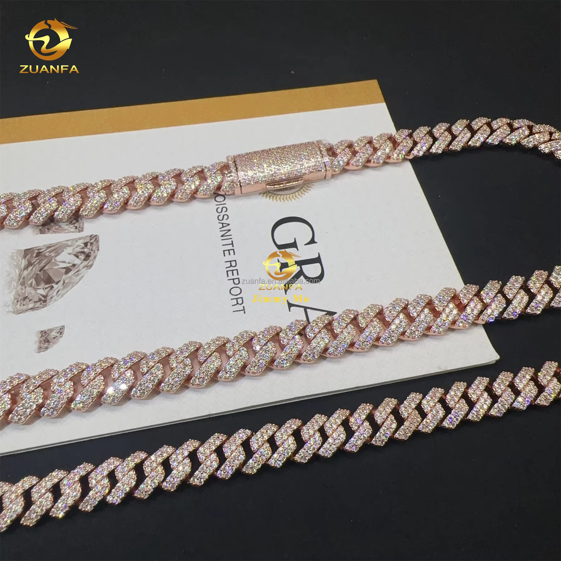 Rose gold plated box, pure sier 12mm, two rows of chilled hip-hop VVS1 diatoeous earth, Miami Cuban chain