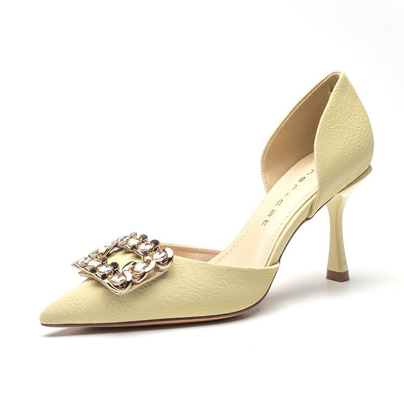 82308 Pointed Toe High Women's Stiletto Heels 2024 Spring And Summer New Style Square Buckle Large Rhie French Hollow Shoes
