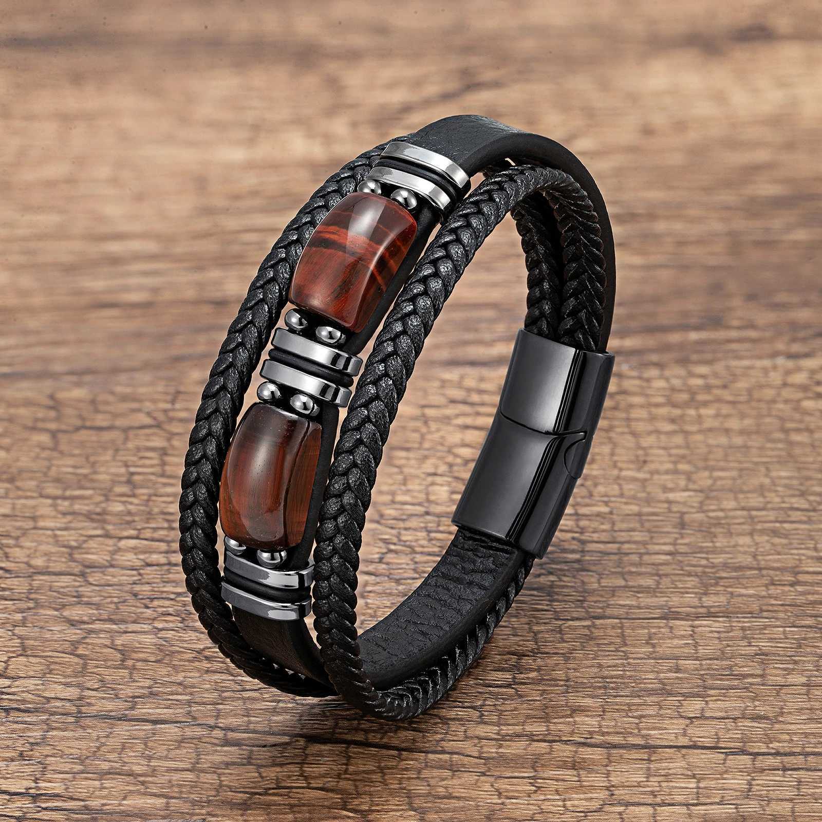 New Natural Tiger Eye Stone Mens Wristband Bracelet Hand-woven Multi-Layer Braided Leather Bangles Stainl Steel JewelryXJ250219