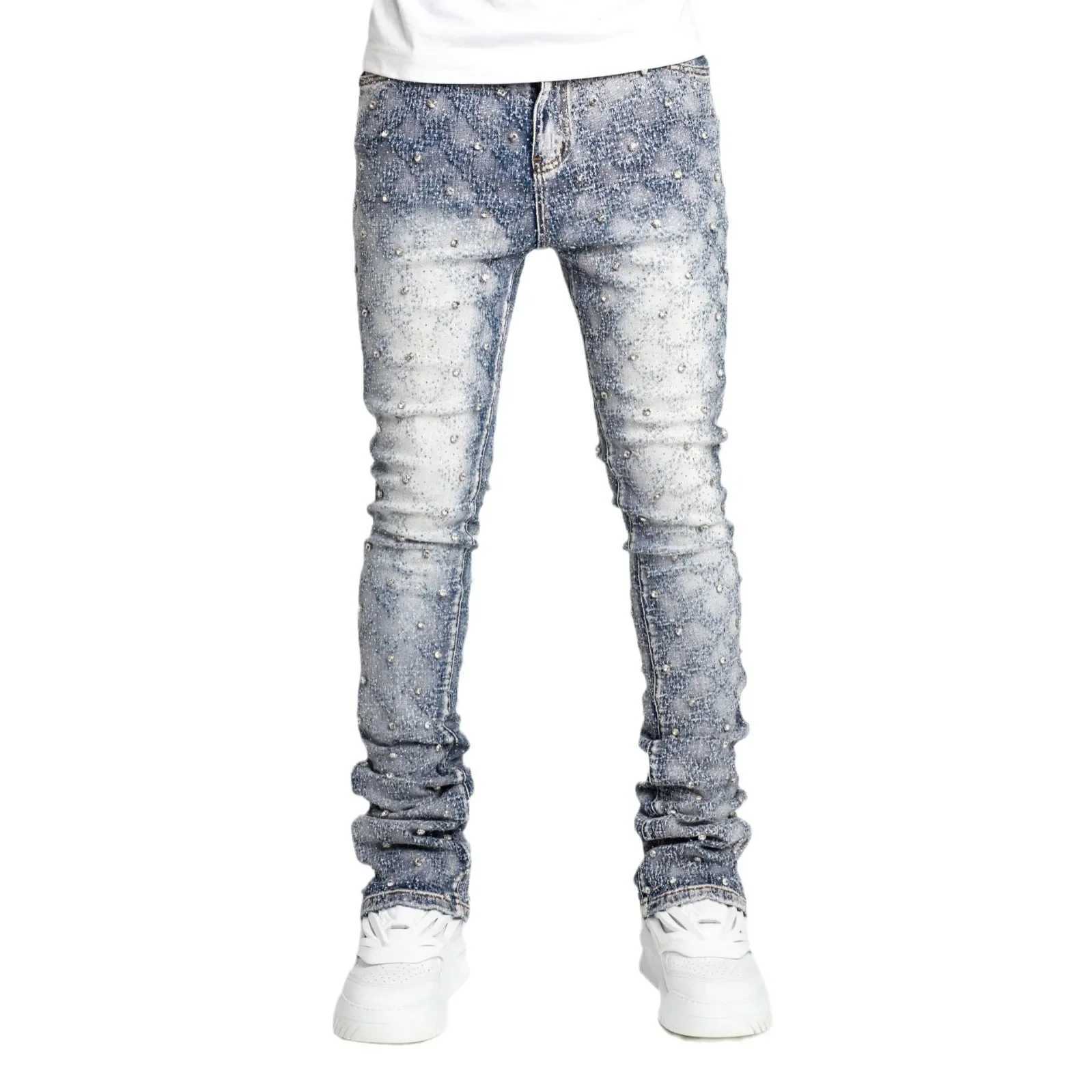 Mens Denim Fashion Individualistic Straight-leg Men Trousers European and American Fashion Elastic Pearl Denim Layered Long Pants X250220