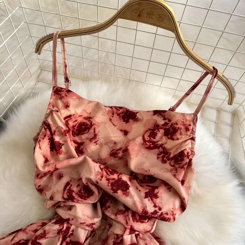 2024 New Romantic ral Long Vintage Rose Print High Waist Spaghetti Strap Summer Dress Lady Beach Sundress