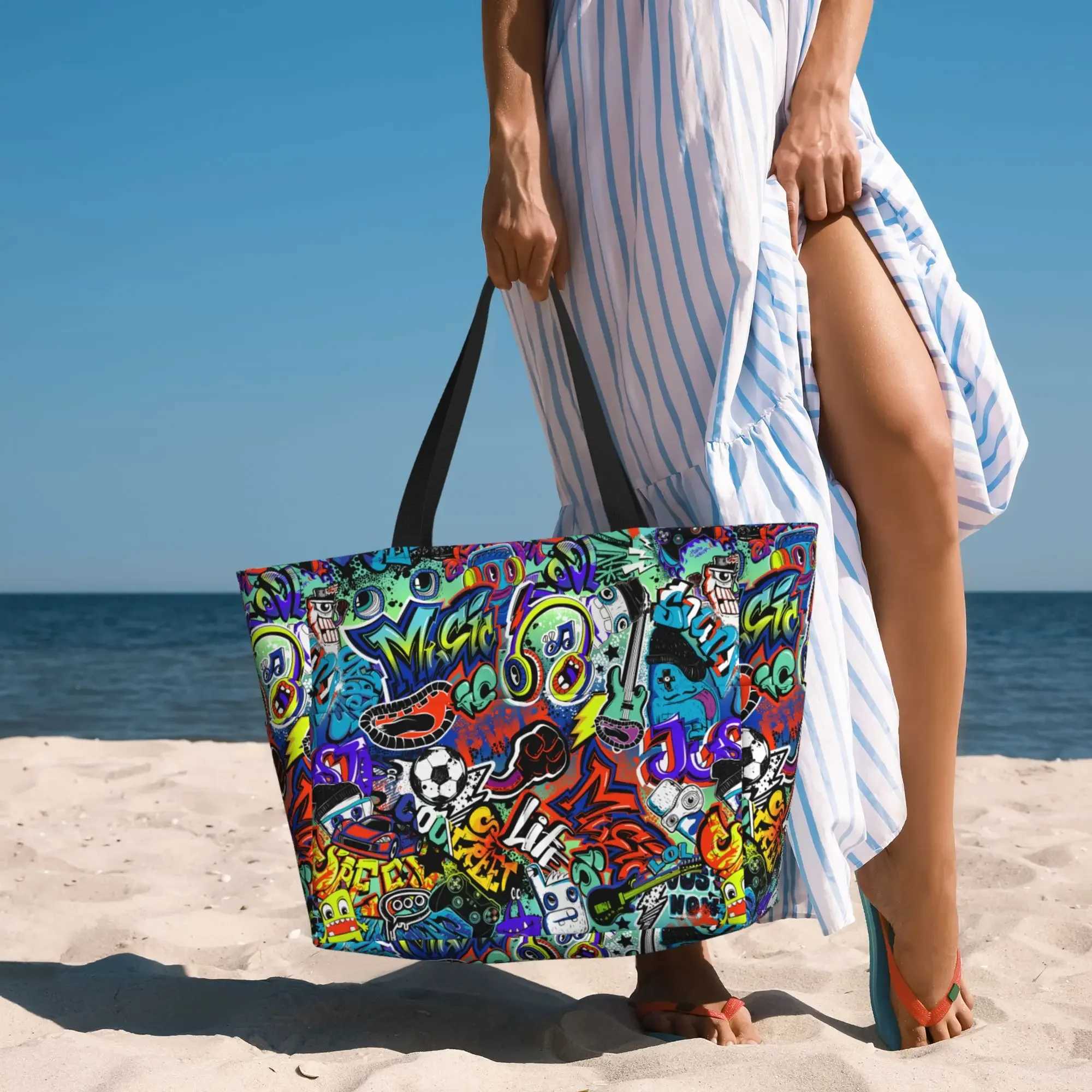 Graffiti waterproof beach handbag ladies large capacity storage bag travel vacation swimming handbag Z250219