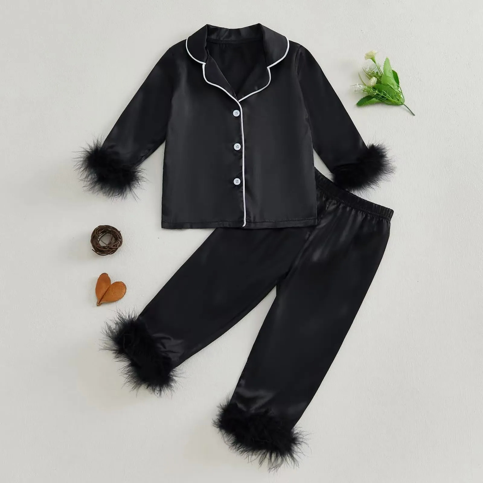 Children Kids Christmas Sleepwear Set Satin Long Sleeve Lapel Tops Elastic Waist Pants 2 Piece Pajamas Feather Trim Shirt Outfit 250219