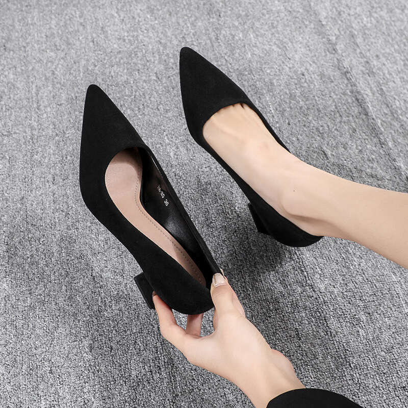 High Heel Civil Servant Interview Black High Female Pointy Long Standing Work Occupation Thick Heel Suede Etiquette Shoes