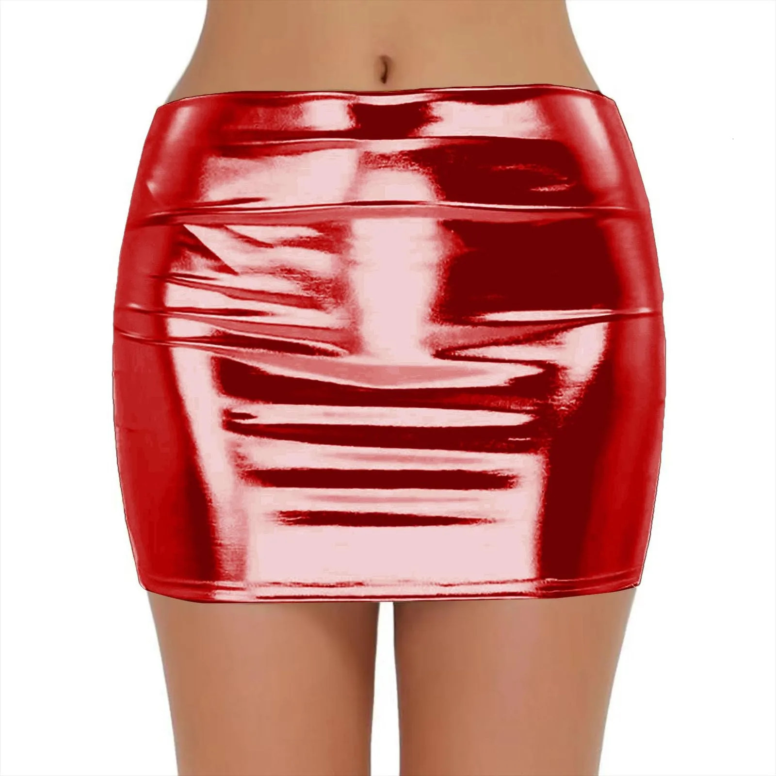 Sexy PU Leather Short Skirts for Women Club Prom Performance Solid High Waist Mini Skirt Gold Red Shine Bright Flada XXL 250220