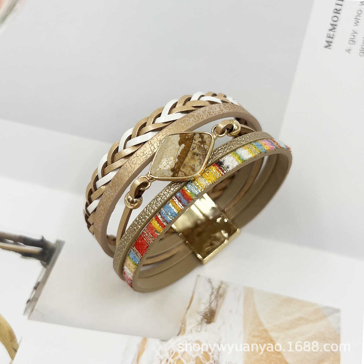 Charm Bracelets Multi layer PU leather natural stone magnetic buckle bracelet Bohemian ethnic style green pine multi row metal bracelet H25220