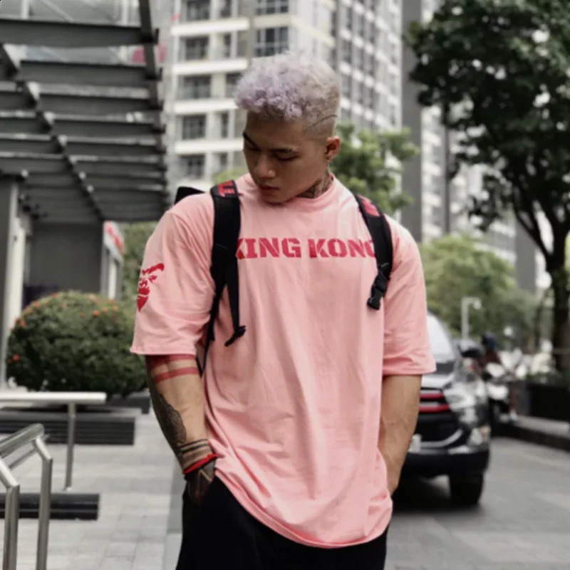 Trendy loose fitting men sports short sleeved Tshirt summer printing pure cotton half sleeve gym running training 250218