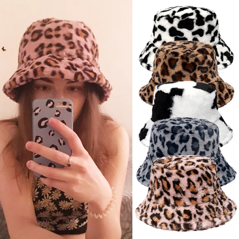 Winter Cow Leopard Faux Fur Fluffy Bucket Hat Outdoor Warm Sun Soft Velvet Furry Fisherman Cap Girl Fashion Panama 250117