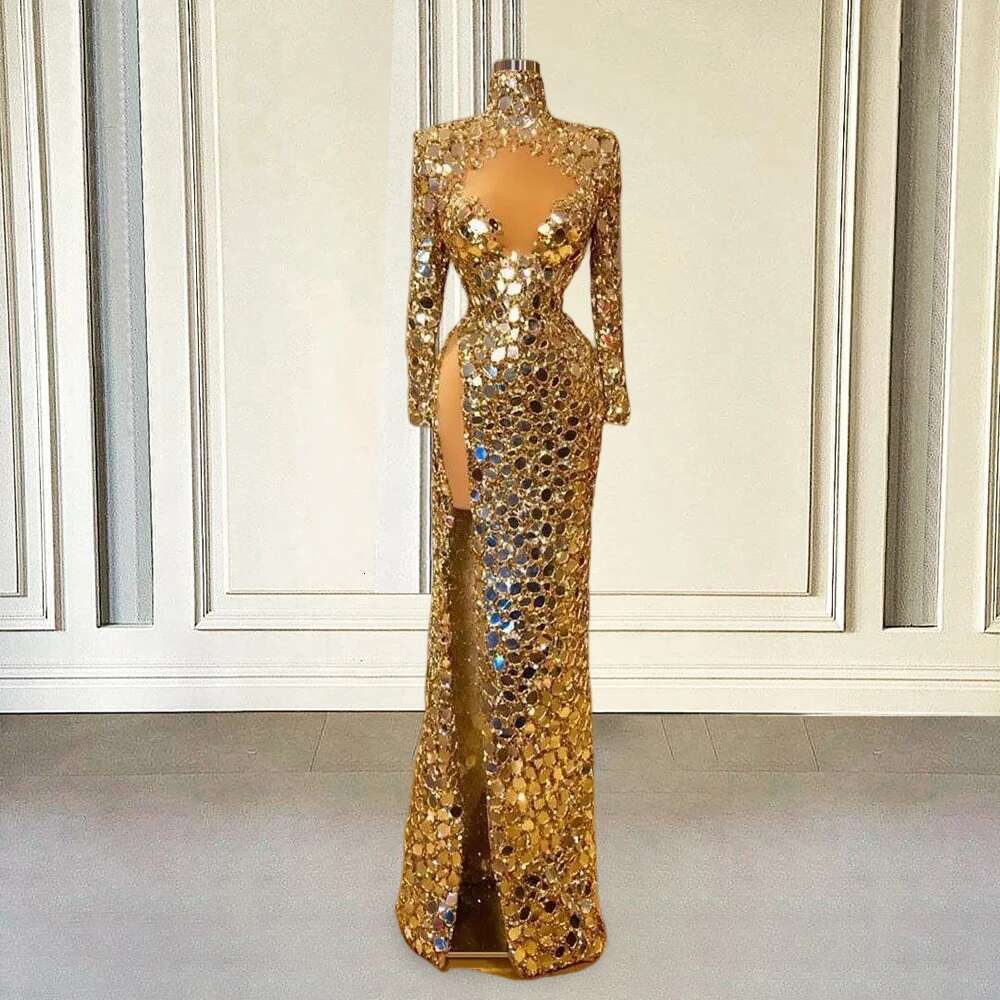 Gold Mirror Sequins Evening Dresses The 2024 Mermaid Beads High Slit Sexy African Female Formal Prom Dress Custom