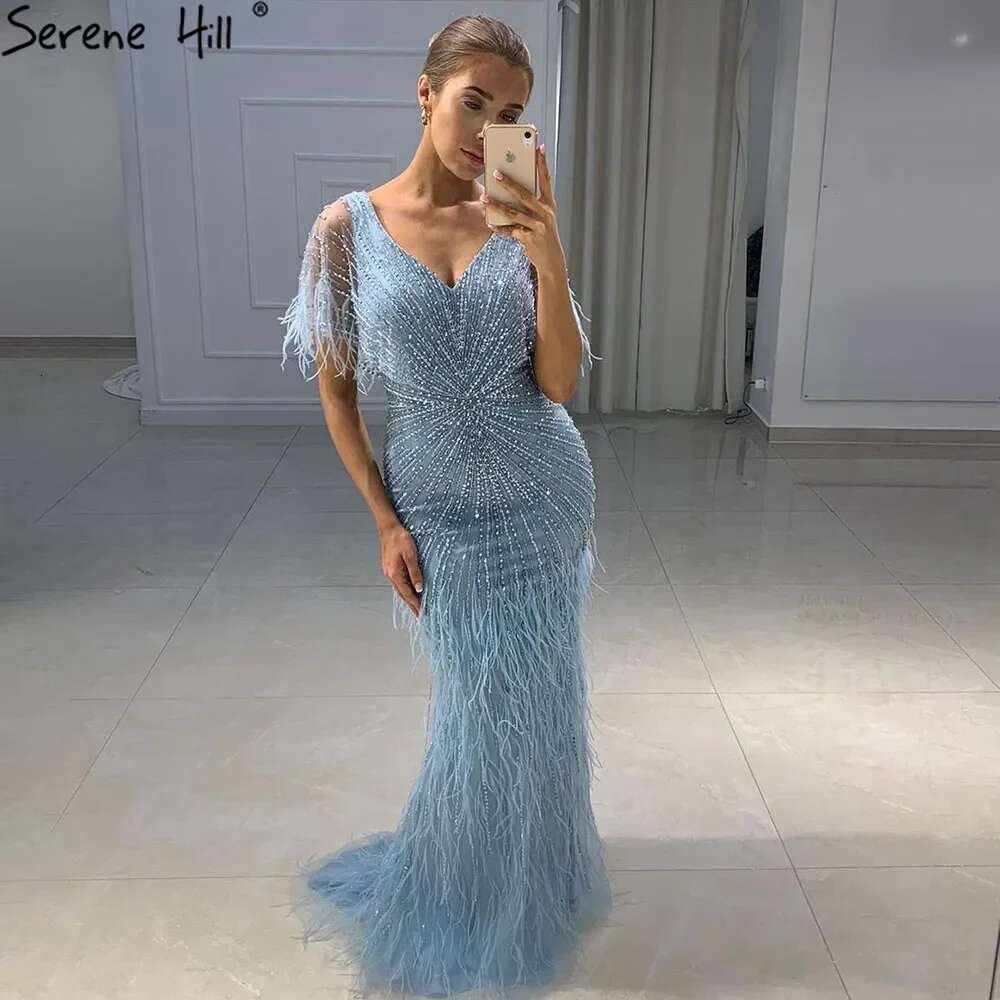 Mermaid Brown Evening Dresses Gowns Beaded Feather Elegant Customize Party BLA