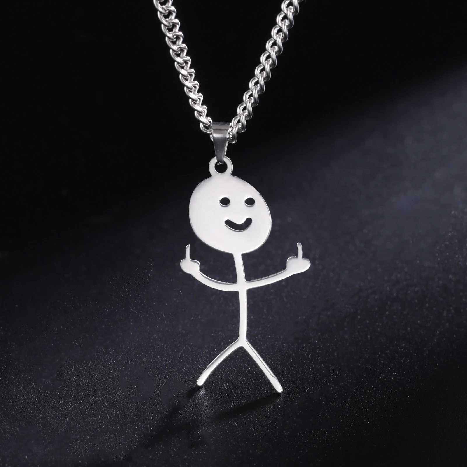 Skyrim Hip Hop Doodle Necklace for Men Women Stainl Steel Long Neck Chain Fashion Middle Finger Stickman Jewelry NewXJ250219