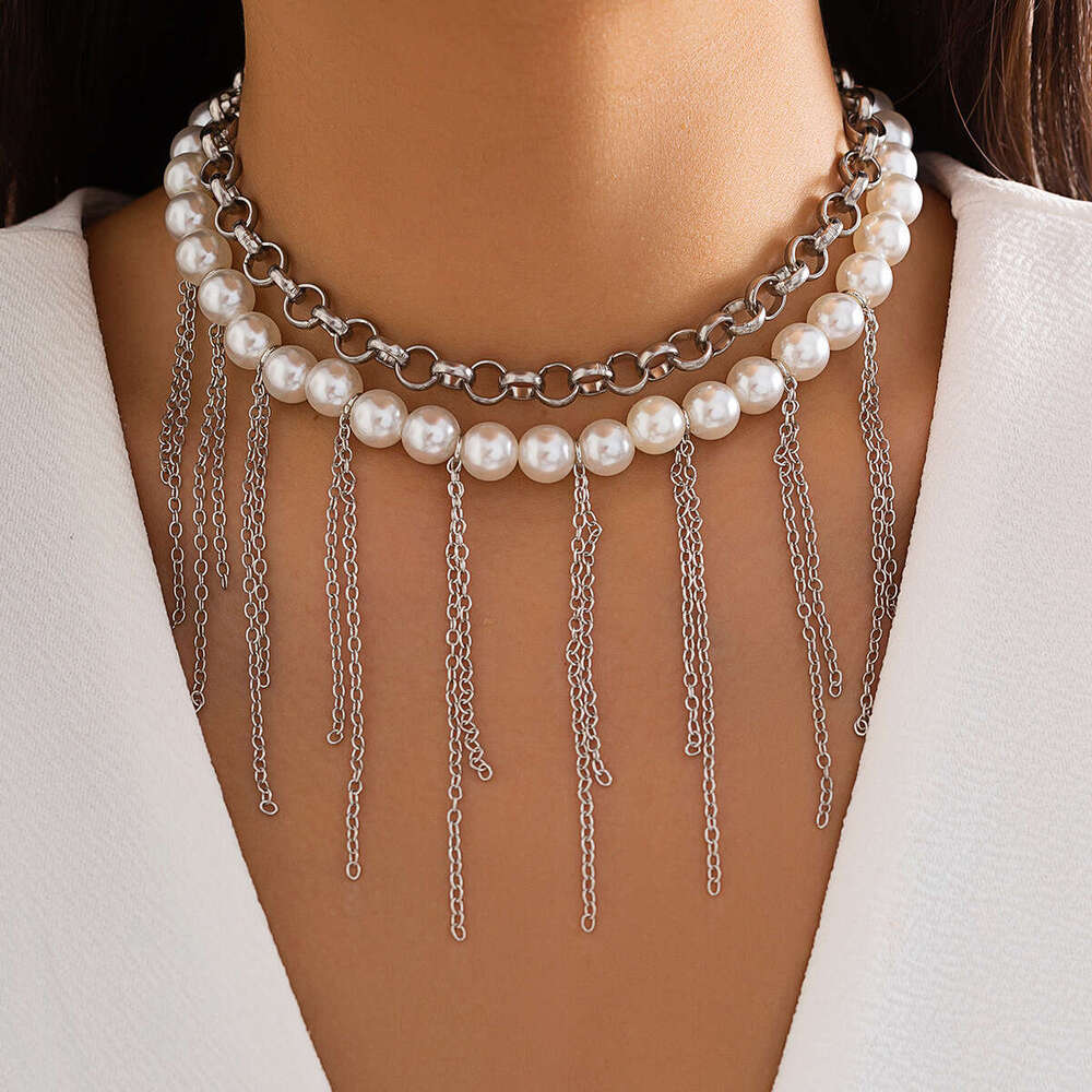 Imitation pearl tassel sweater chain with a sense of niche design, double layered for women's necklace jewelry