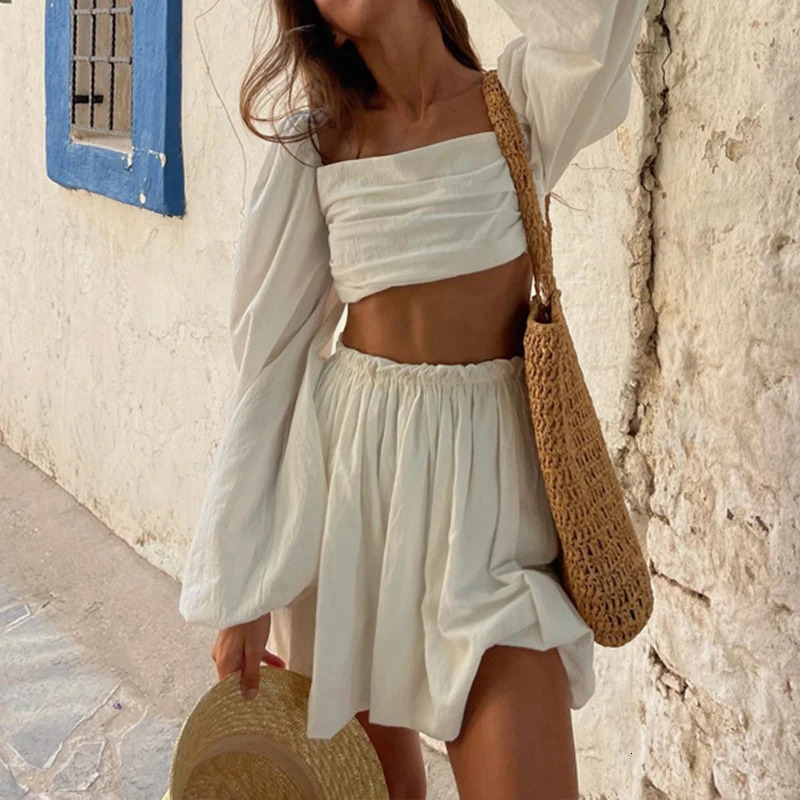 Summer Elastic High Waist Mini Skirt Suit Ladies Sexy Ruffle Slim Beach Outfits All Match Lantern Sleeve Holiday Set 2Pcs 250220