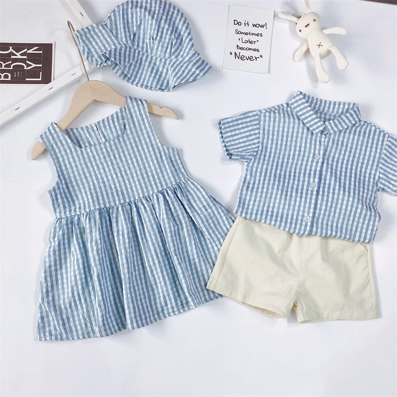 Brother And Sister Suit Kids Lattice Set Boys Gentleman SuitGirls Princess Dress Toddler Party Clothing Family Outing Clothes 250220