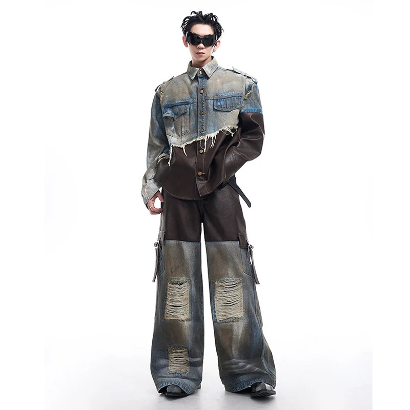 FEWQ American Patchwork Mens Denim Jacket Autumn Dirty Vintage Single Breast Contrast Color Male Sets Loose 24E2530 250220