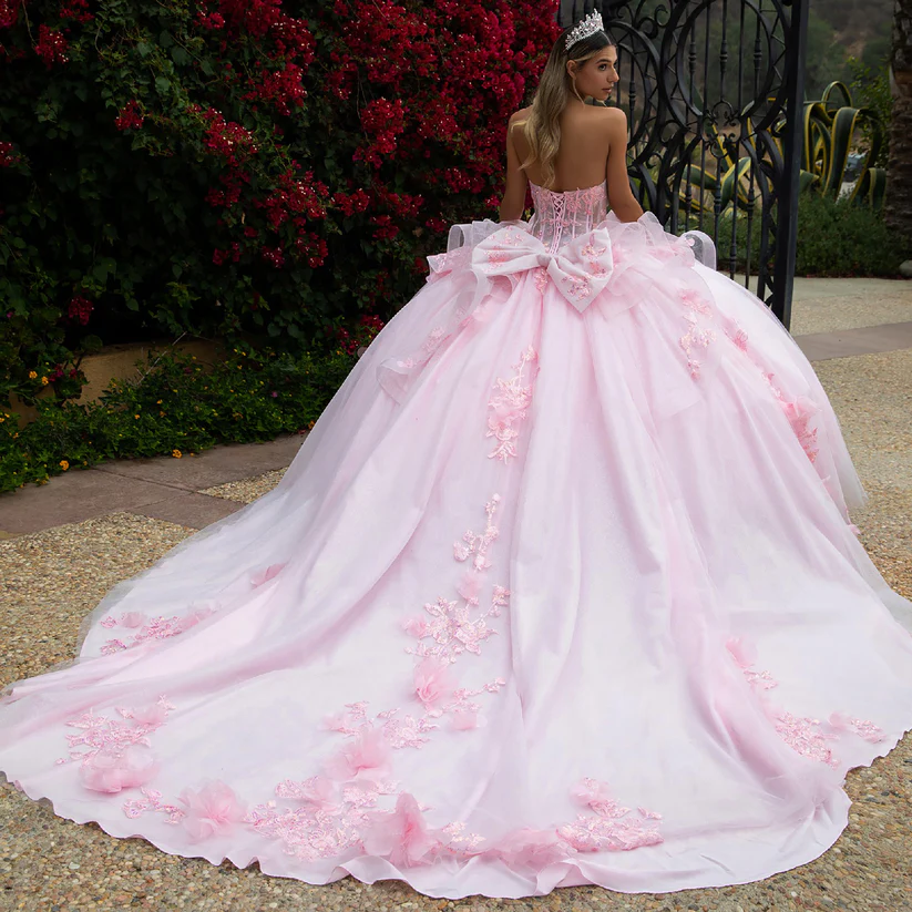 2025 Pink Princess Quinceanera Dress With Bow Back 3D Floral Appliques Corset Ball Gown Birthday Party Gowns Ruffle Long Train Sweet 16 Dresses