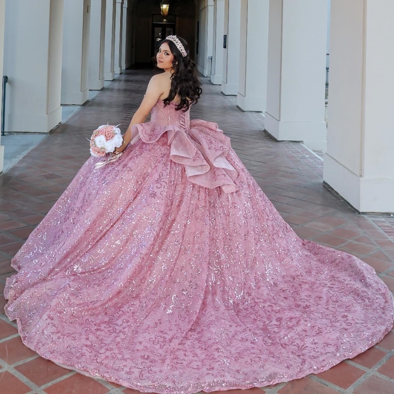 Pink Shiny Quinceanera Dresses Ball Gown Off The Shoulder Sequin Applique Lace Beading Crystal Tull Party Birthday Sweet 16 Dress vestidos 15 anos