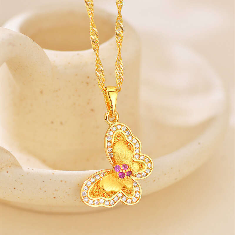The same double-layer wing pendant from Jindian, sand gold feather micro inlaid necklace for women, light , high-end, exquisite colored butterfly