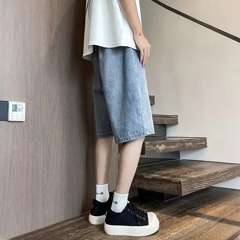 Summer Baggy Stretchy Denim Shorts Jeans For Men Y2K Streetwear Ripped Cargo Casual Shorts Pants Jean Retro Blue Bermuda 250220